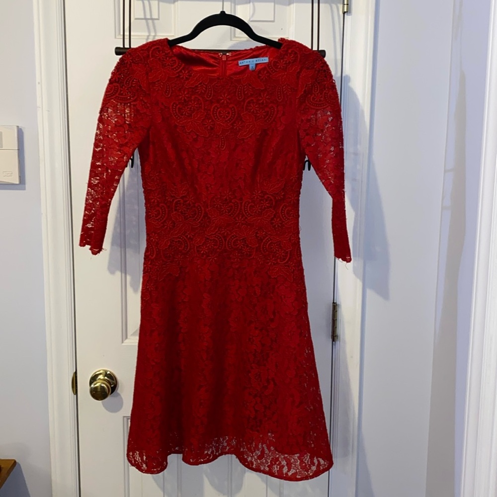 Antonio Melani red lace dress, 3/4 sleeves, sz 0, preowned, excellent condition